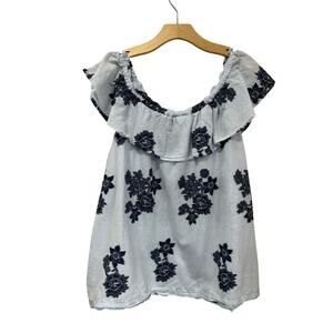J. Jill Blue Embroidered Off Shoulder Ruffle Blouse Cotton Boho Size L